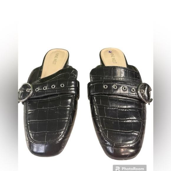 Nine West Black Croc Embossed Buckle Mule Loafer Slides Women’s Size 8.5 - Picture 1 of 12